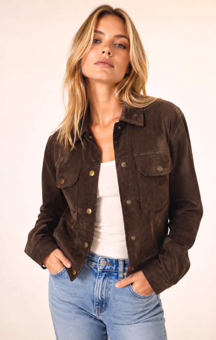 Faux Suede Point Collar Front Pockets Jacket