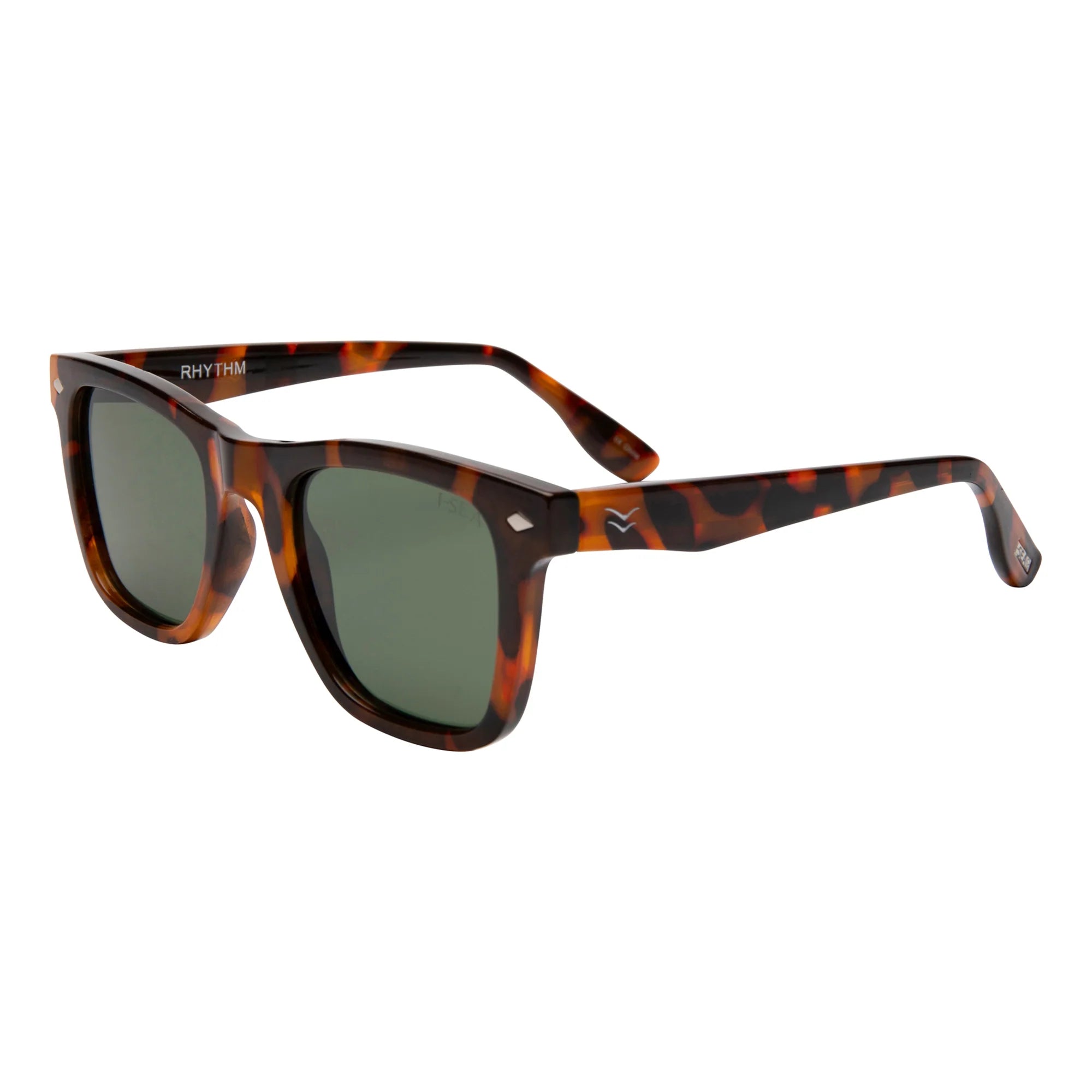 Sunglasses with dark green lenses and tortoiseshell frame on a light gray background