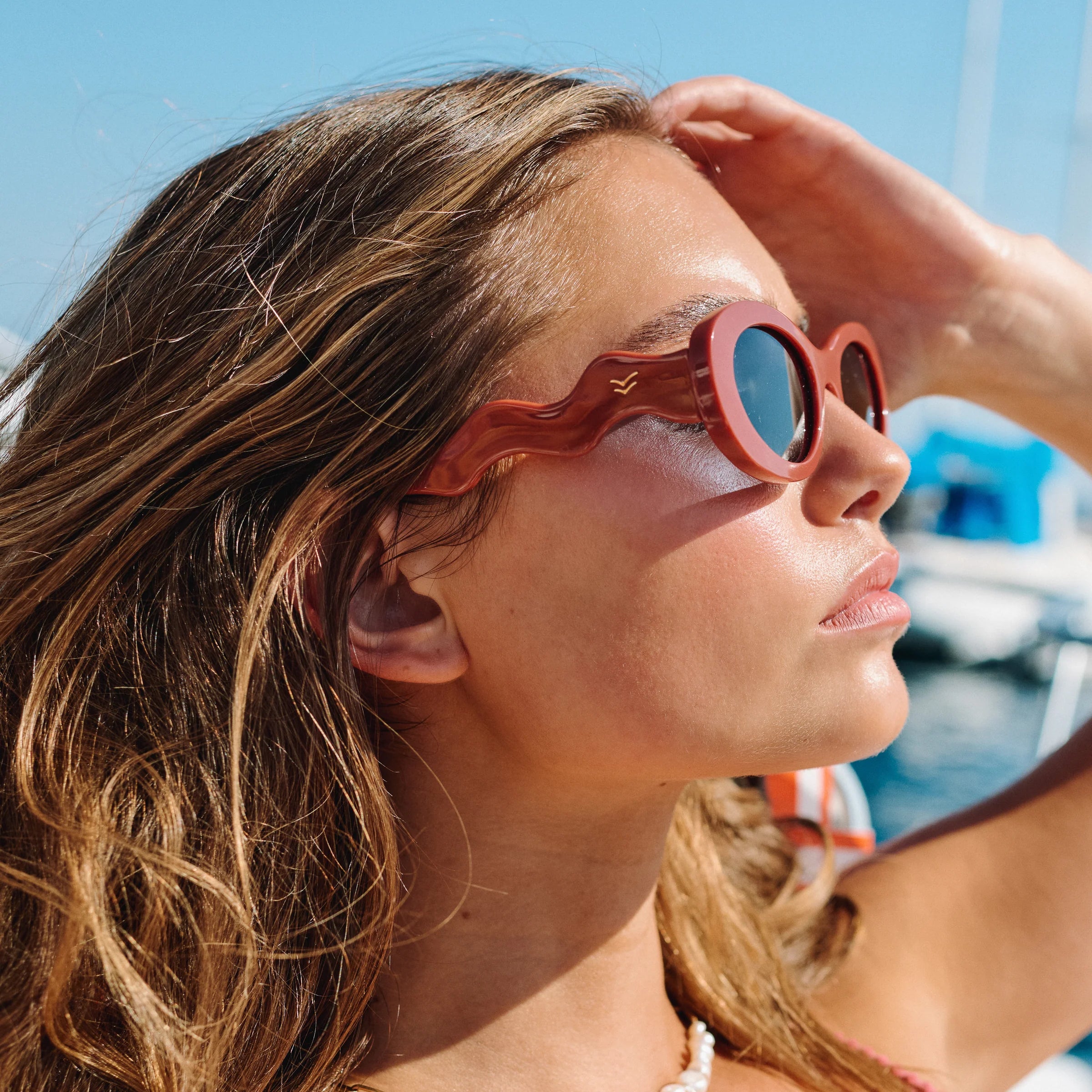 Maya Sunglasses, Terracotta/Navy Polarized Lens