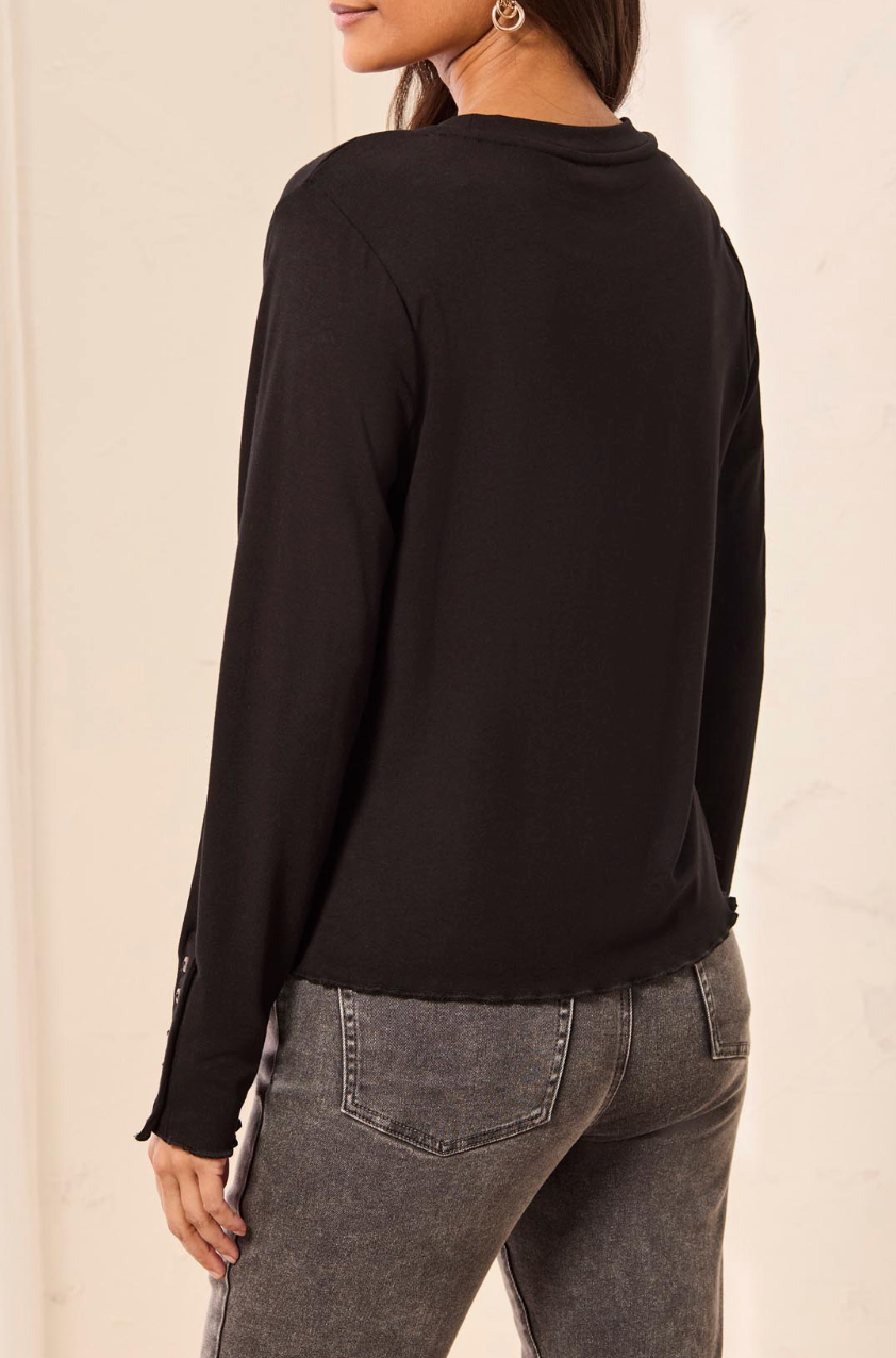 Long Sleeve Crew Neck Top with Button Detail - Black