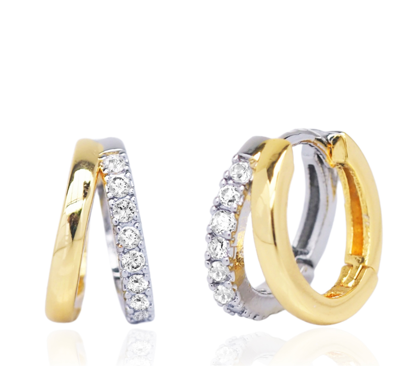 Two Tone Split Huggie Earrings with Cubic Zirconia Accents, Snap Back