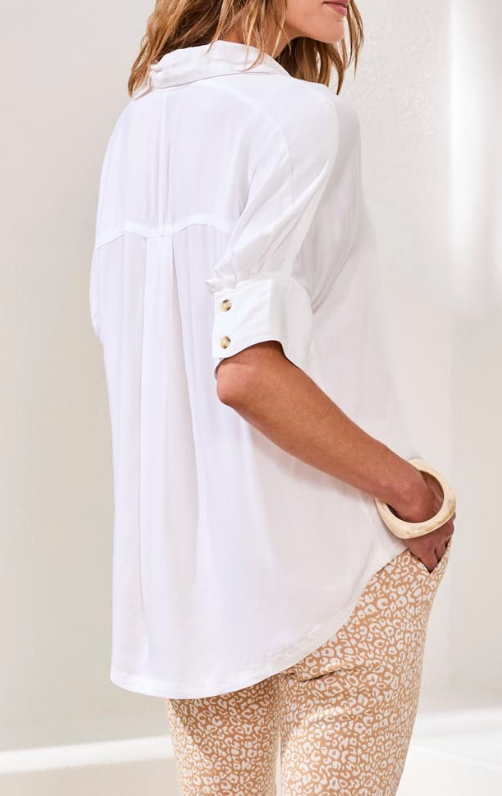 Elbow Sleeve Button Front Blouse - White