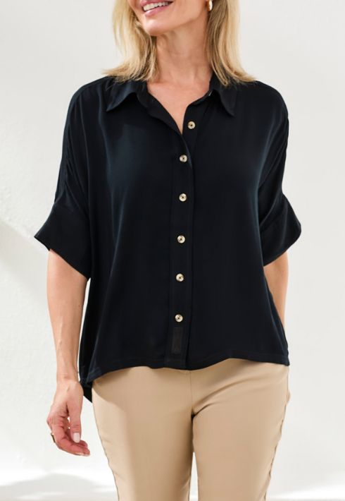 Elbow Sleeve Button Front Blouse - Black