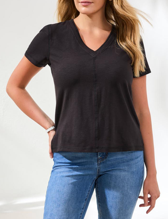 Short Sleeve V-Neck Top with Rib Combo