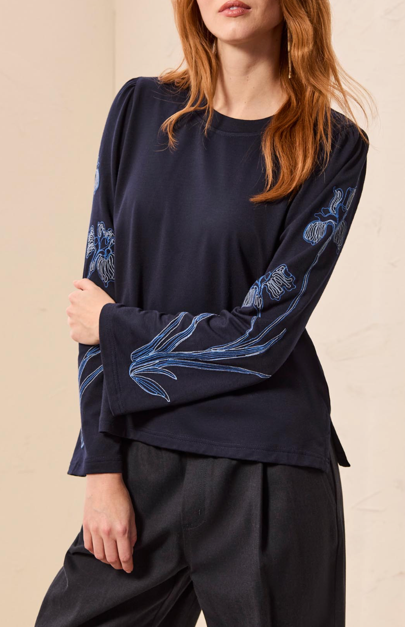 Long Sleeve Crew Neck Top with Embroidery - Sapphire