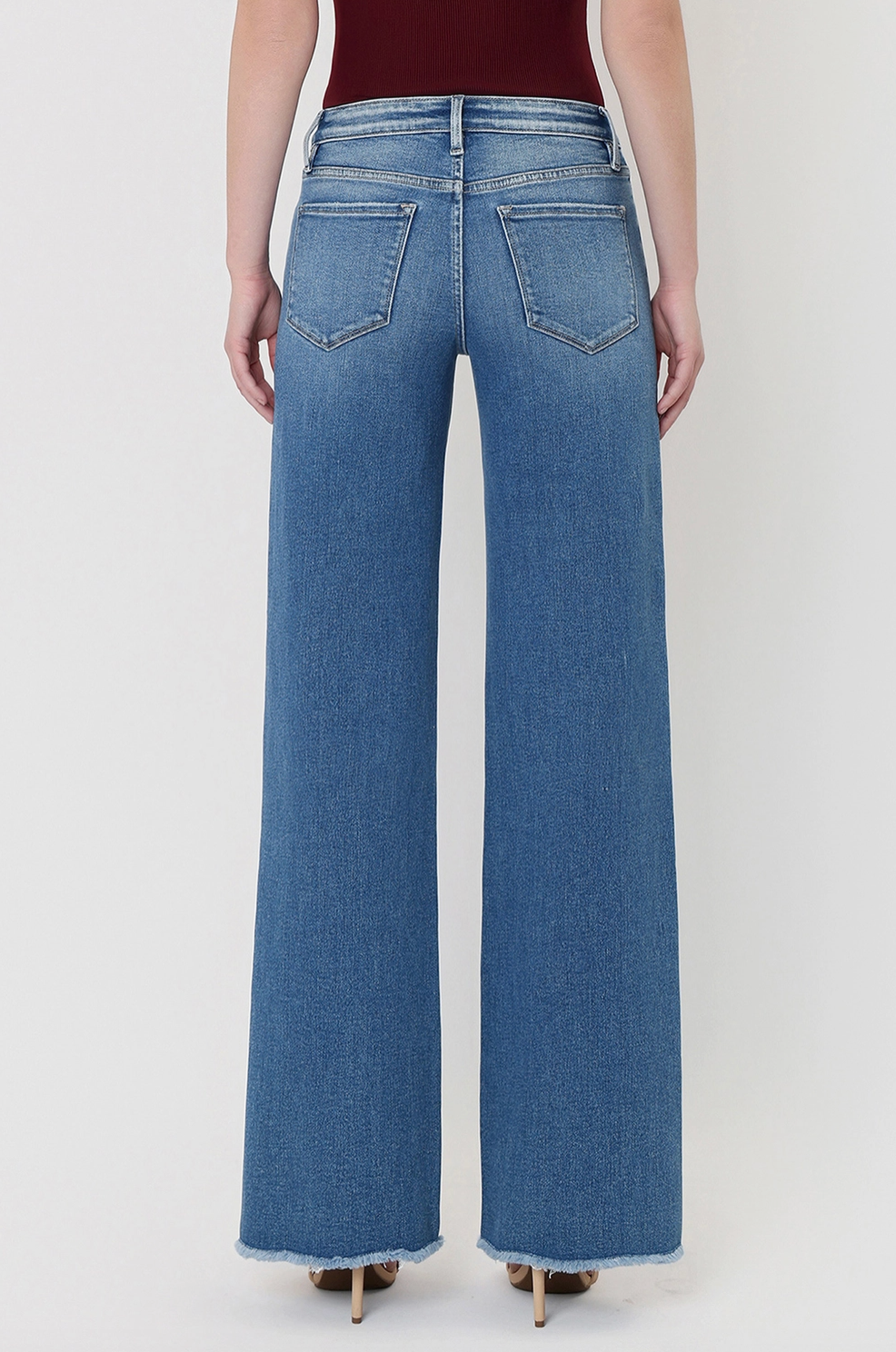 Mid Rise Uneven Raw Hem Wide Leg