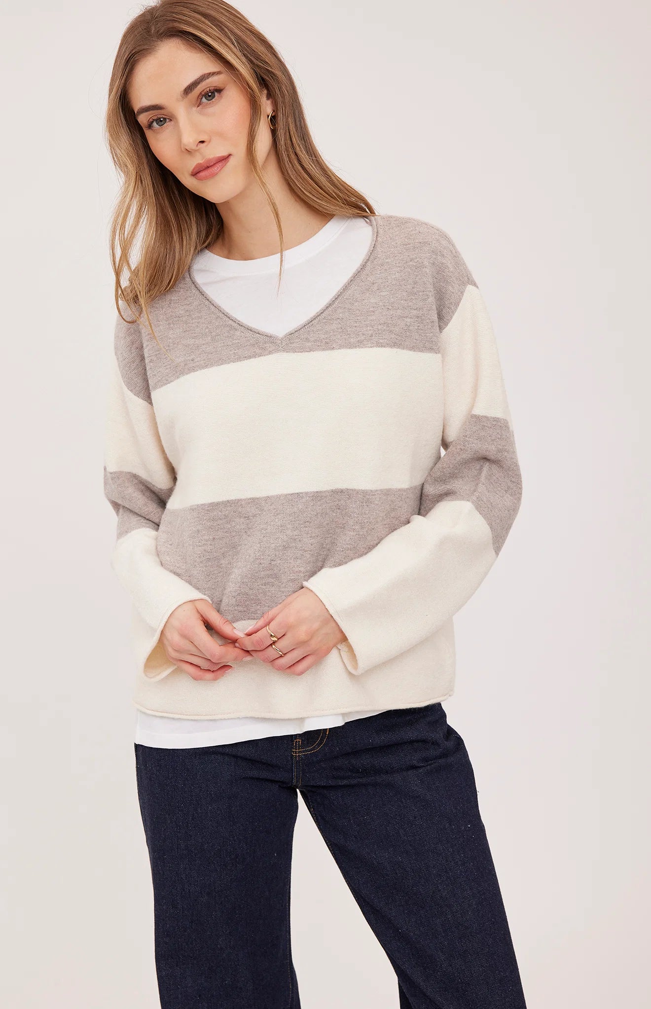 Annalise V-Neck Sweater, Latte Stripe