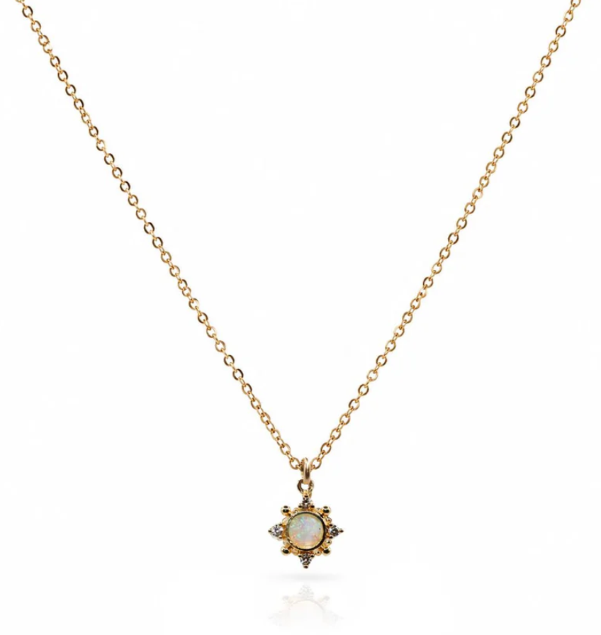 Gold Plated White Opal Starburst Charm on 18KT Gold-Fill Chain Necklace