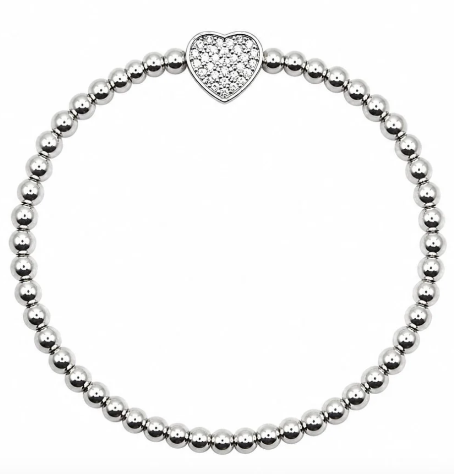 Silver 4MM Beaded Bracelet with Pave Heart
