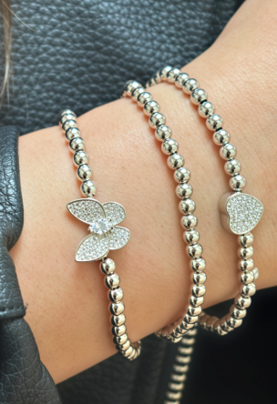 Silver 4MM Beaded Bracelet with Pave Heart