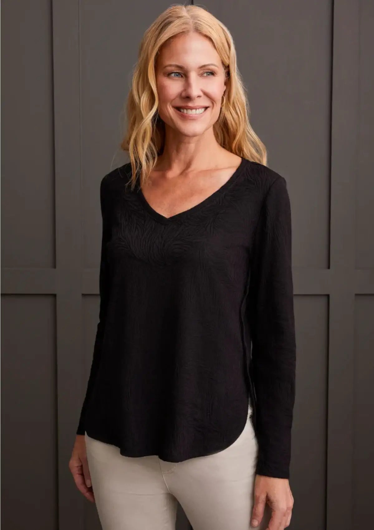 Black floral embossed shirt at Ruby Jane & Valleygirl Boutique.