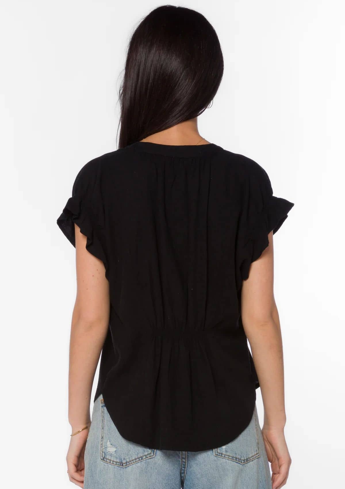 Ruffle short sleeves with cinched back.