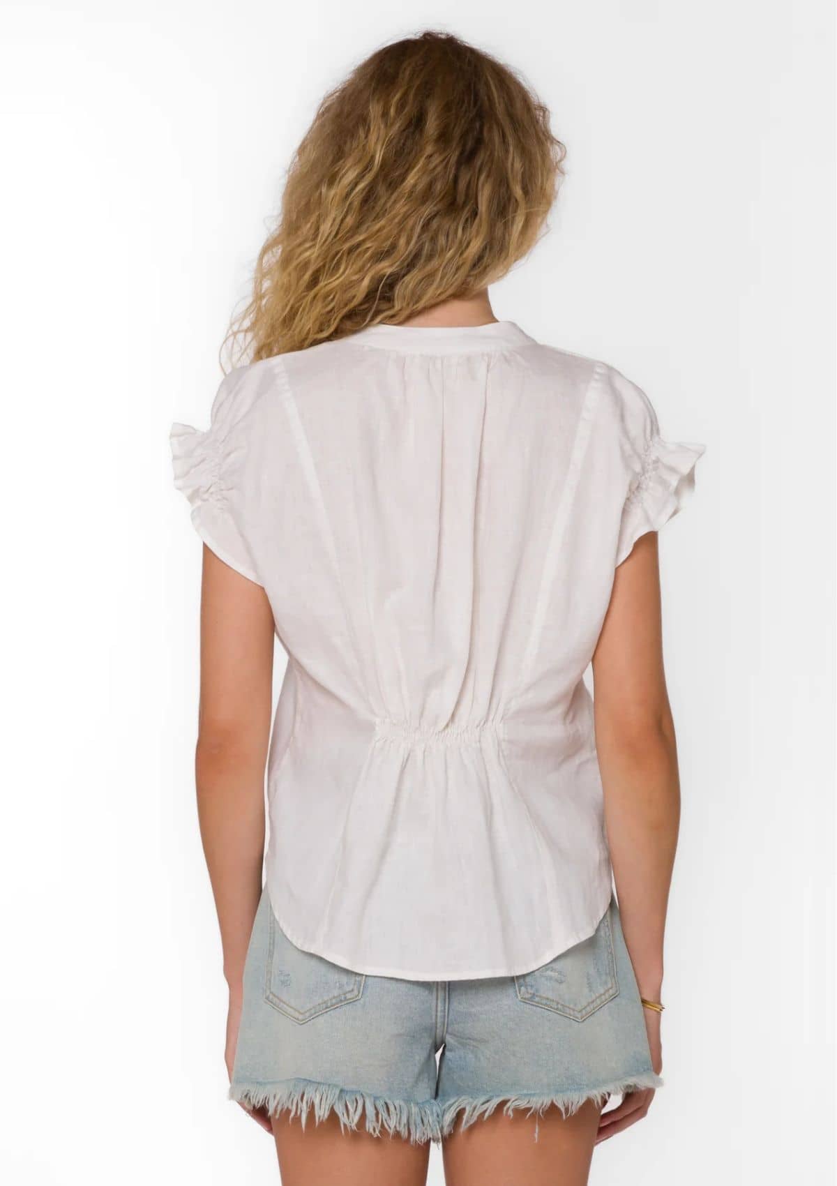 Ruffle short sleeves and cinched back.