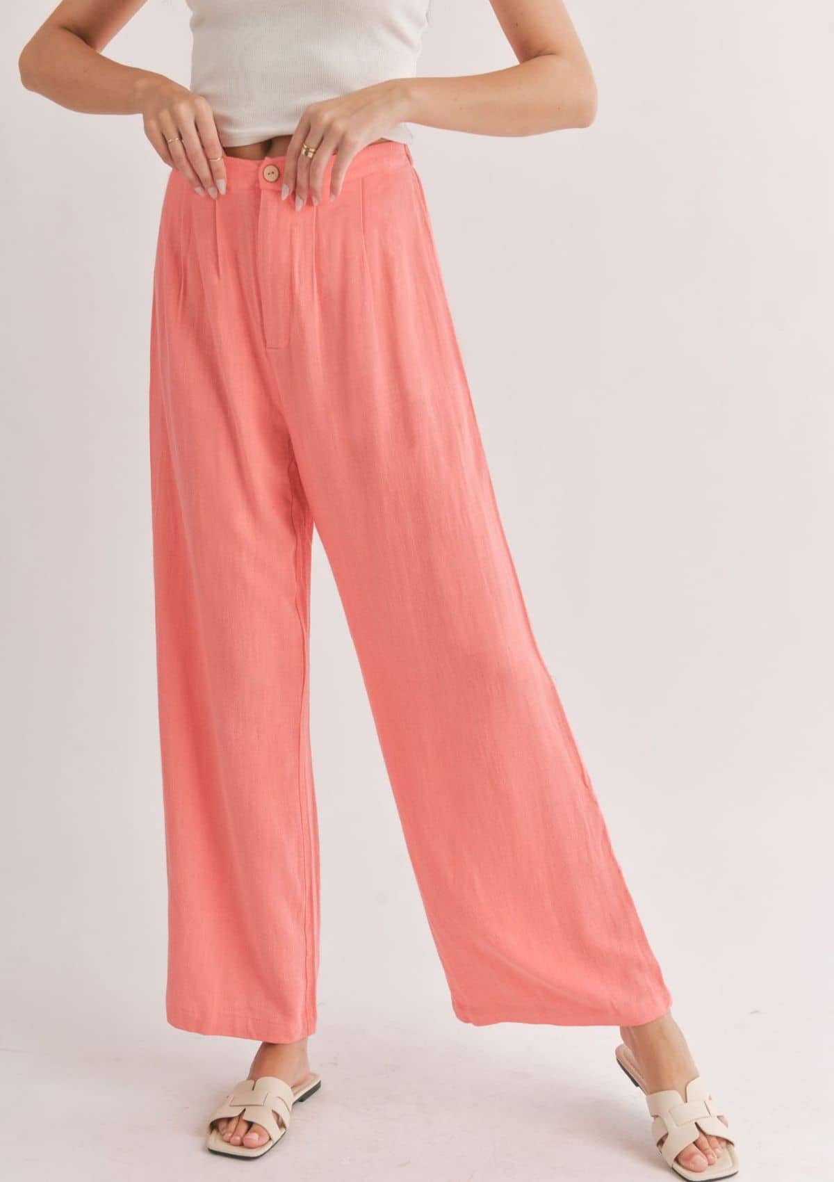 Botanical Linen Back Elastic Trousers - Coral -Sadie & Sage- Ruby Jane-