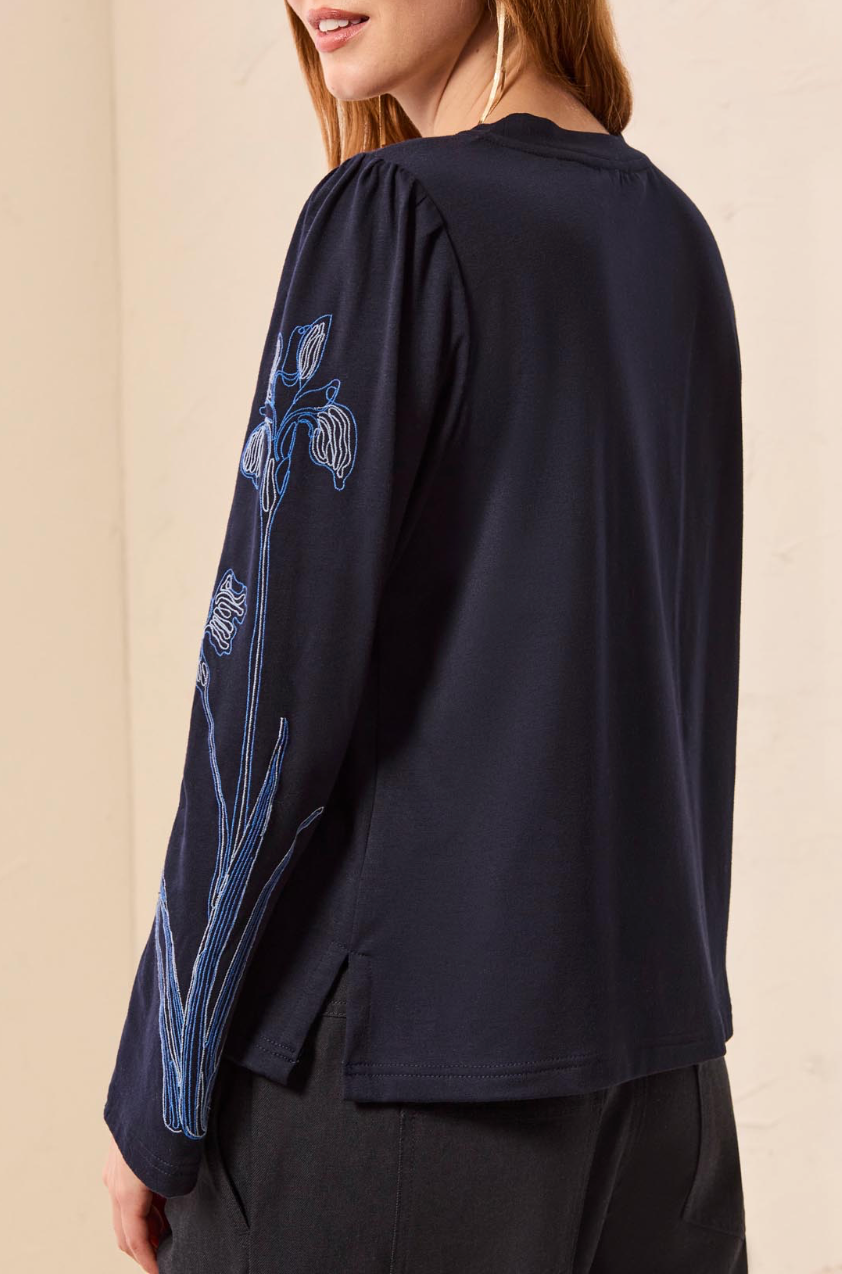 Long Sleeve Crew Neck Top with Embroidery - Sapphire