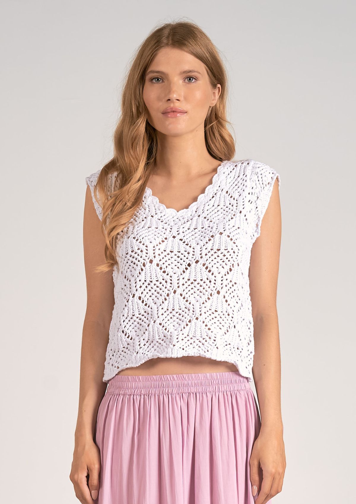 Cap Sleeve Crochet Sweater - White -Elan Designs- Ruby Jane-