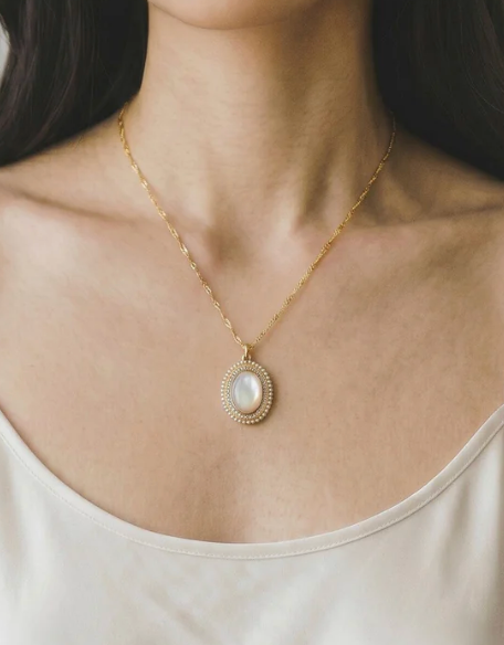 18K Gold-Filled Oval Mop with CZ and Pearls Necklace