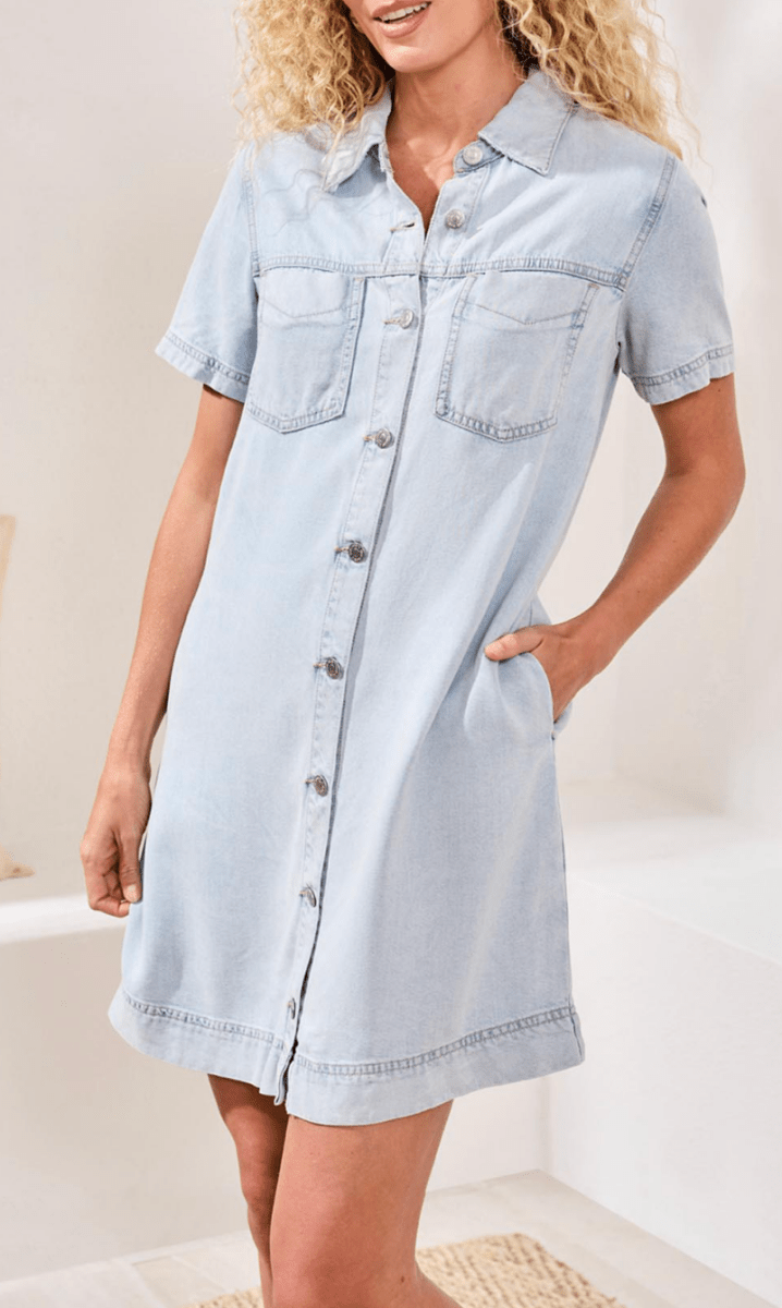Button Front Tencel Denim Shift Dress M