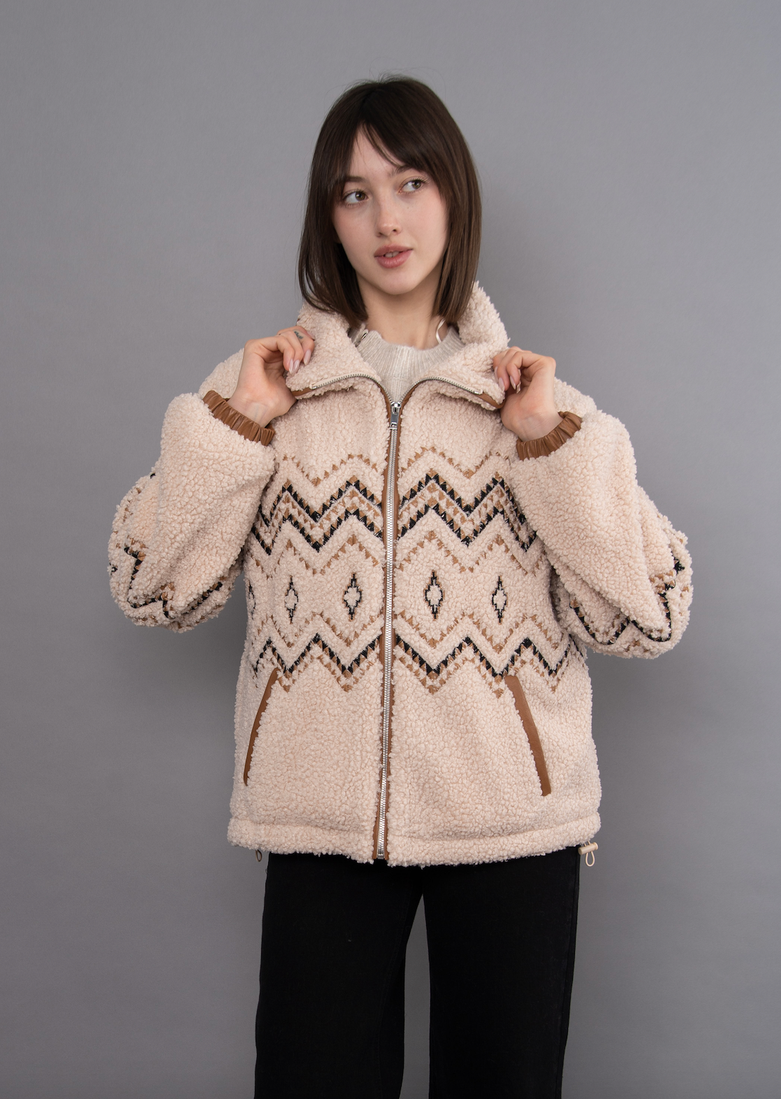 Zoe Zip Front Jacket with Zig Zag Embroidery