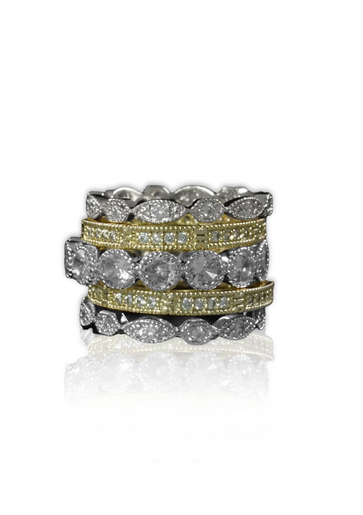 Five Band Stackable with One Large Round CZ Band and 4 Pave Bands -Be-Je Designs- Ruby Jane-