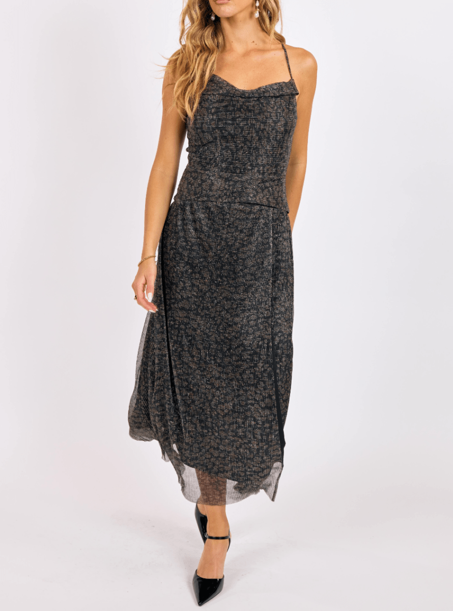 La Soiree Pleated Lurex Mesh High Slit Maxi Dress - RubyJane & Valleygirl La Soiree Pleated Lurex Mesh High Slit Maxi Dress - RubyJane & Valleygirl