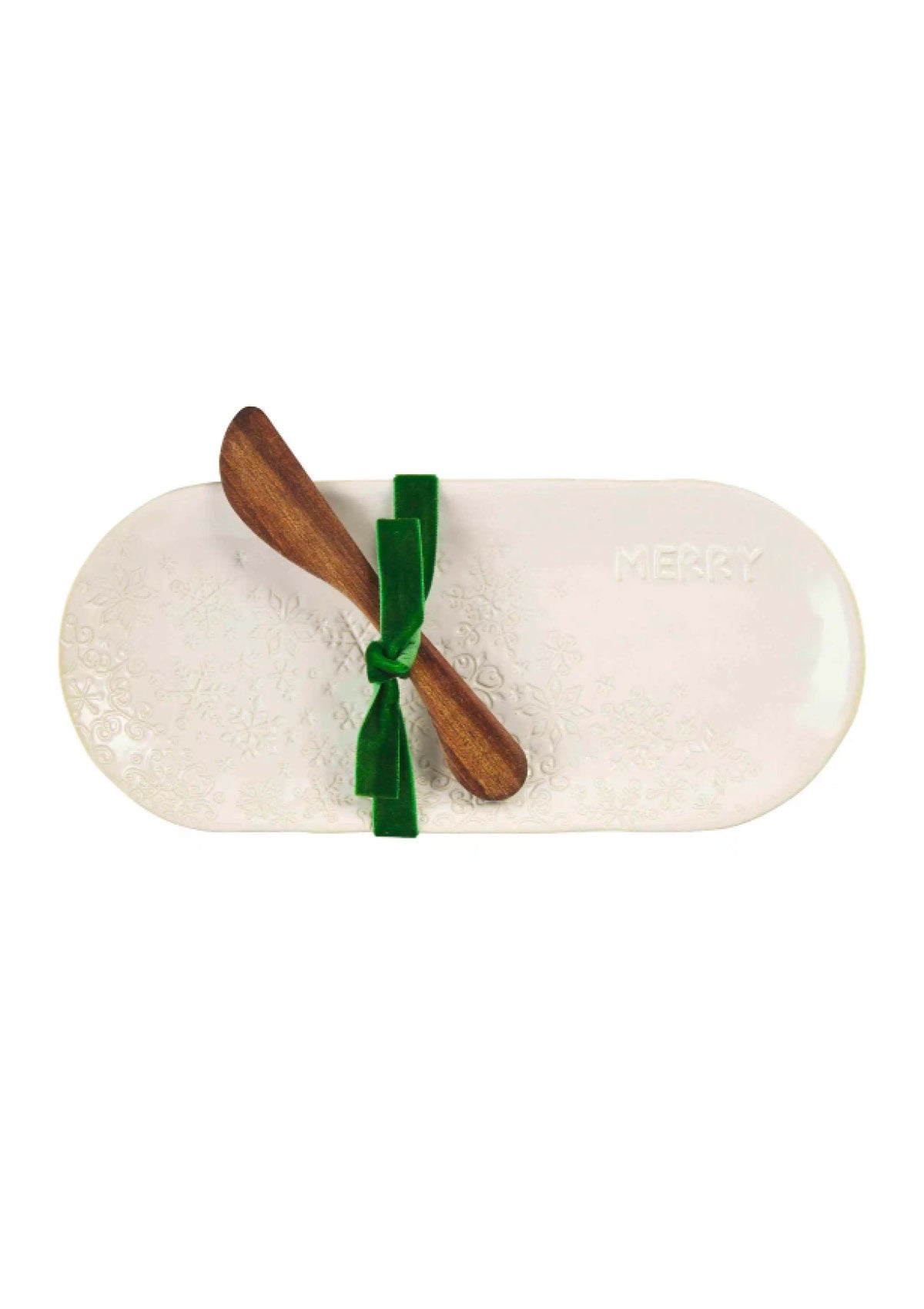 'Merry' Stoneware Dish + Wood Spreader