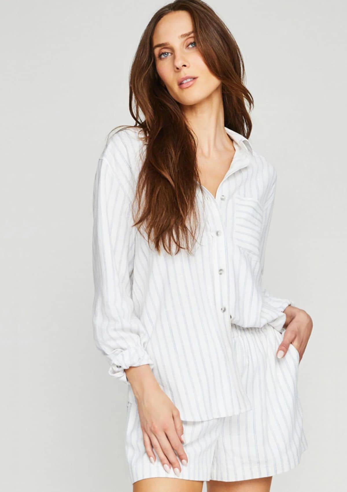 Portia White Striped Button Down Top -Gentle Fawn- Ruby Jane-