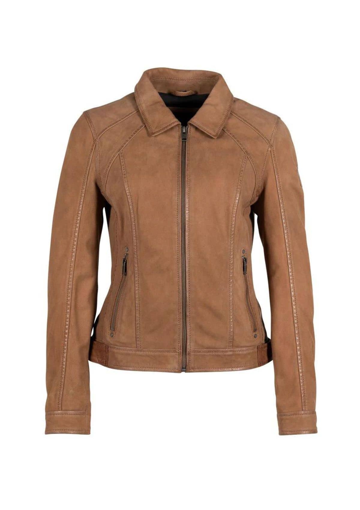 Collar brown leather. Zippers on wrist cuffs.