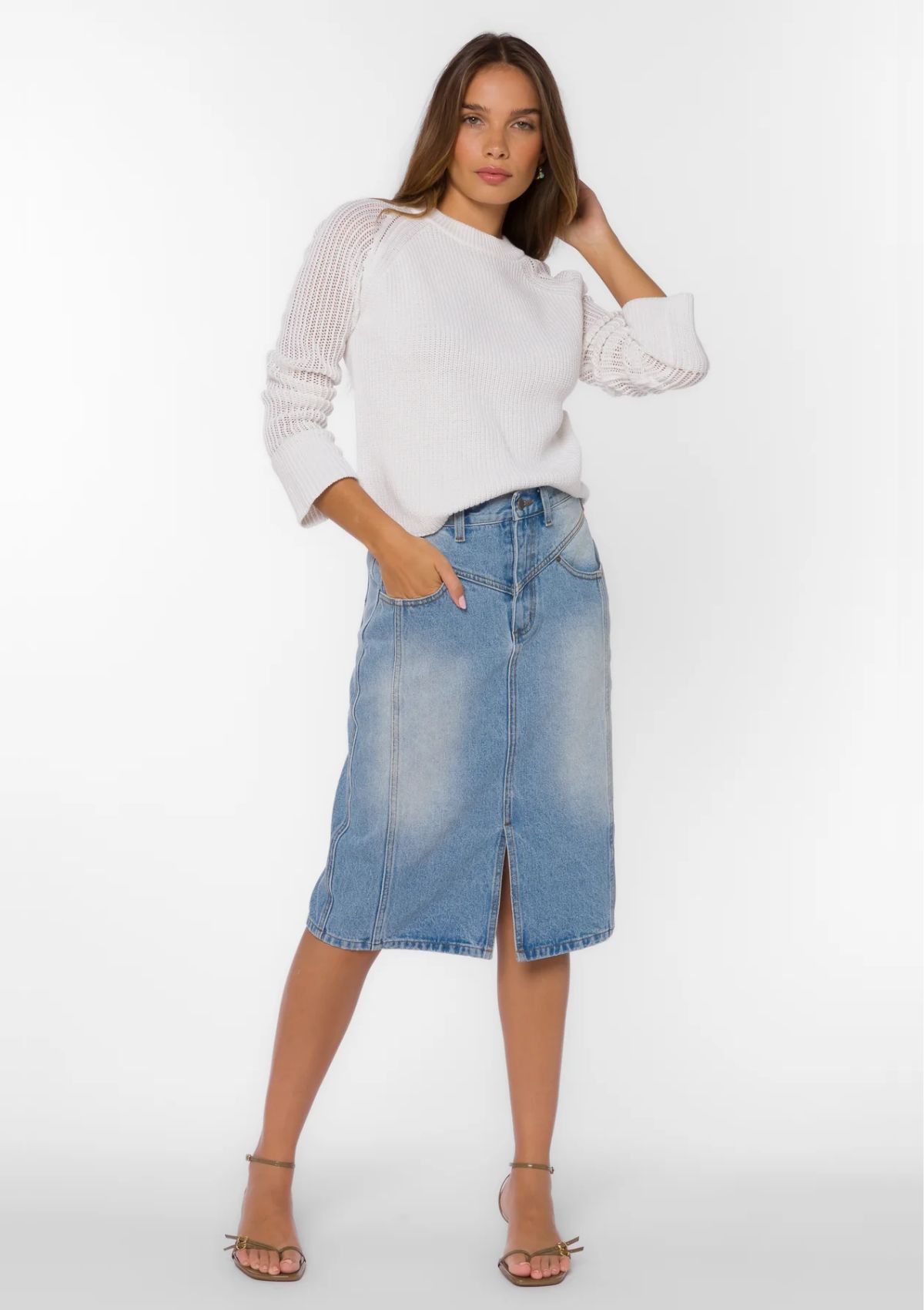 Tessia 5 Pocket Denim Skirt with Front Slit - Blue -Velvet Heart- Ruby Jane-