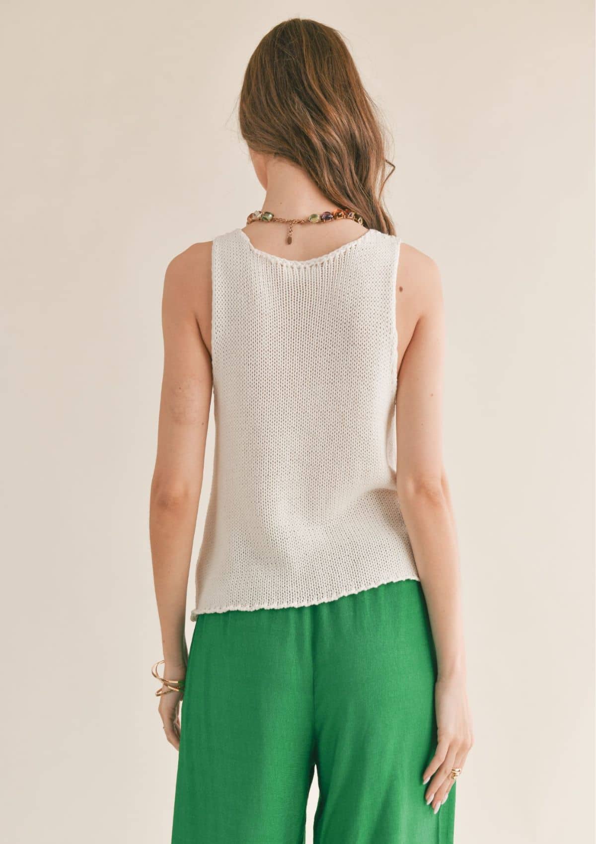 The Breeze Open Knit Neck Detail Sweater Tank Top - Off White -Sage the Label- Ruby Jane-