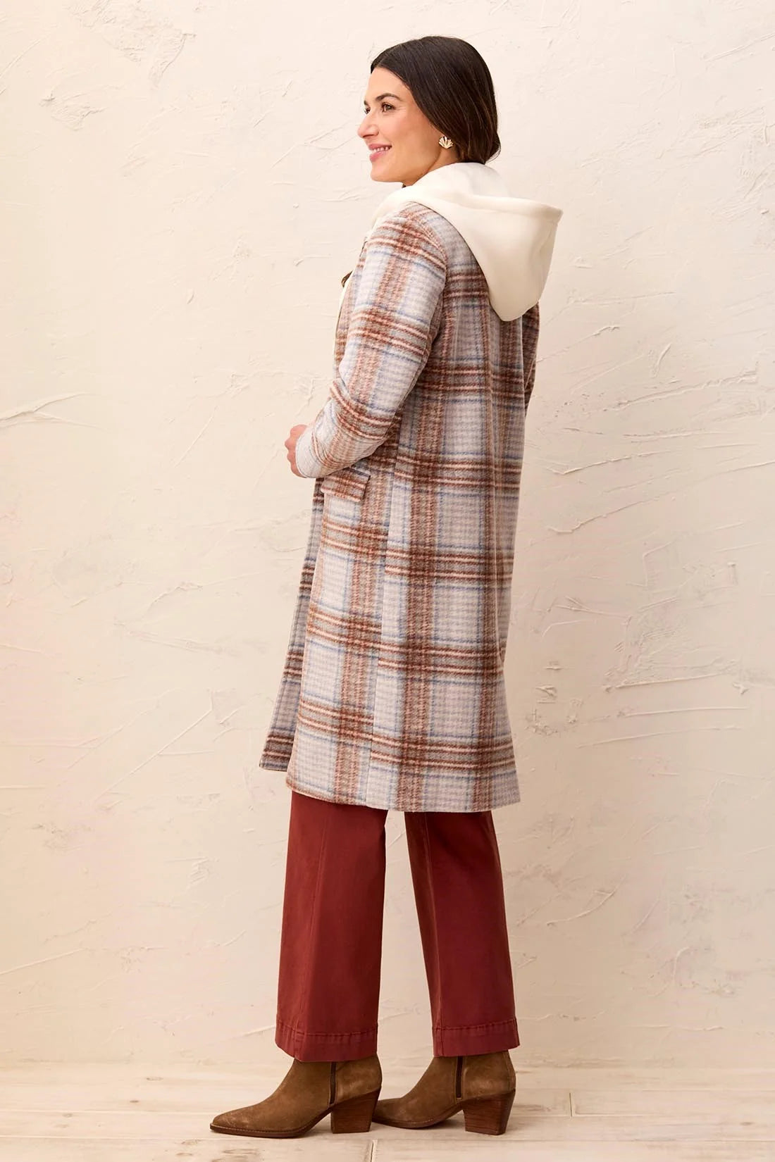 Car Coat with Removable Hood - Cream Plaid
