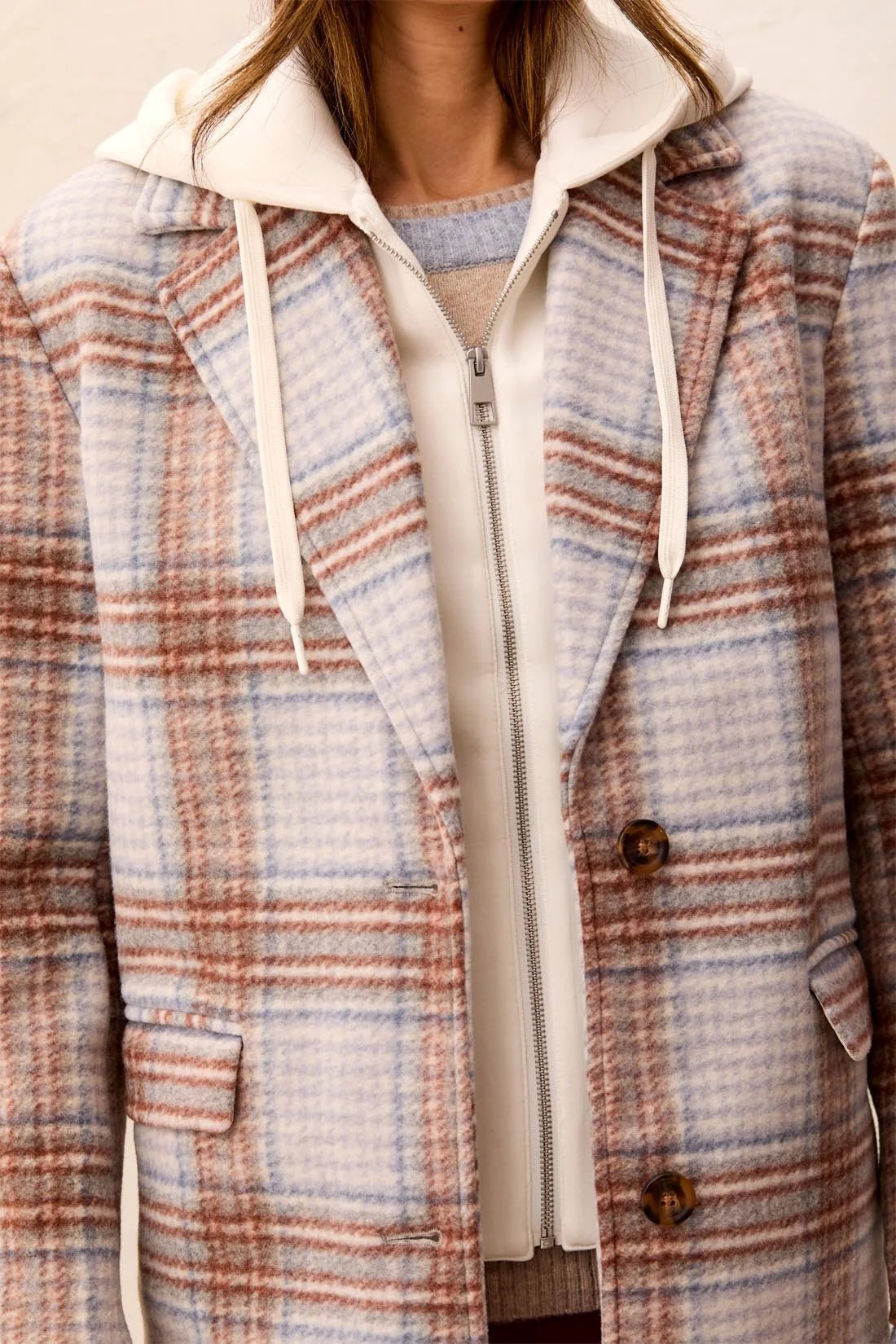 Car Coat with Removable Hood - Cream Plaid