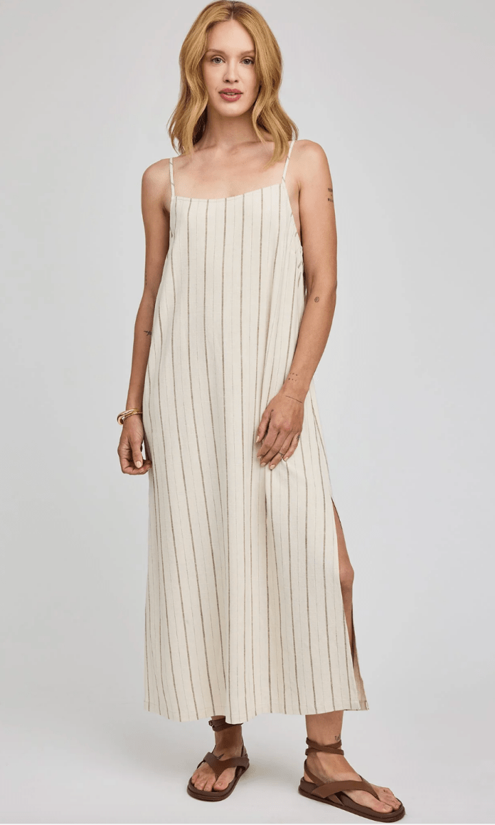 knee length dresses for ladies Roade Porto Blue Stripe Linen Midi Dress Organic Sustainable – The Fairnest
