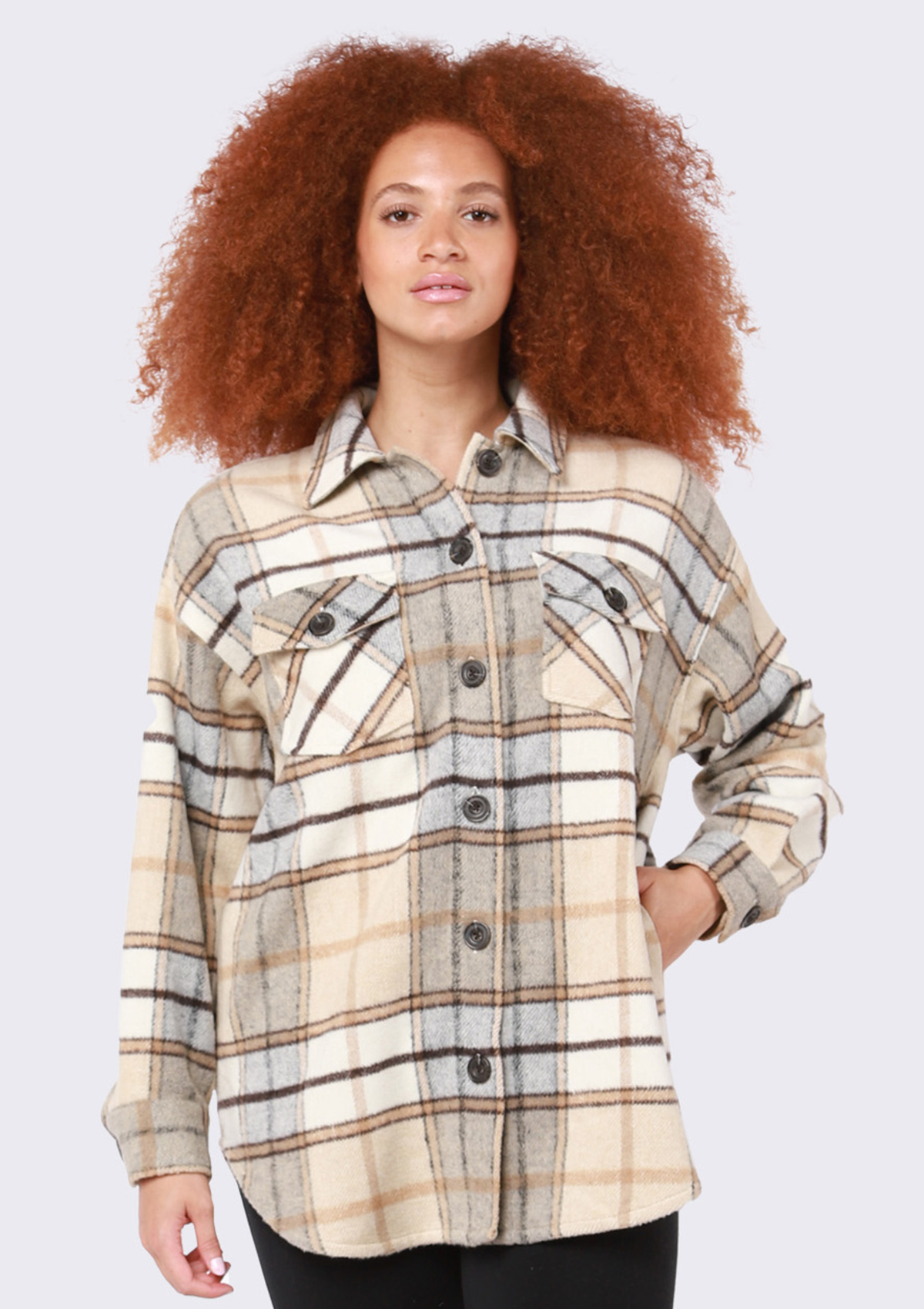 Vera Button Front Plaid Shacket, Caramel Plaid