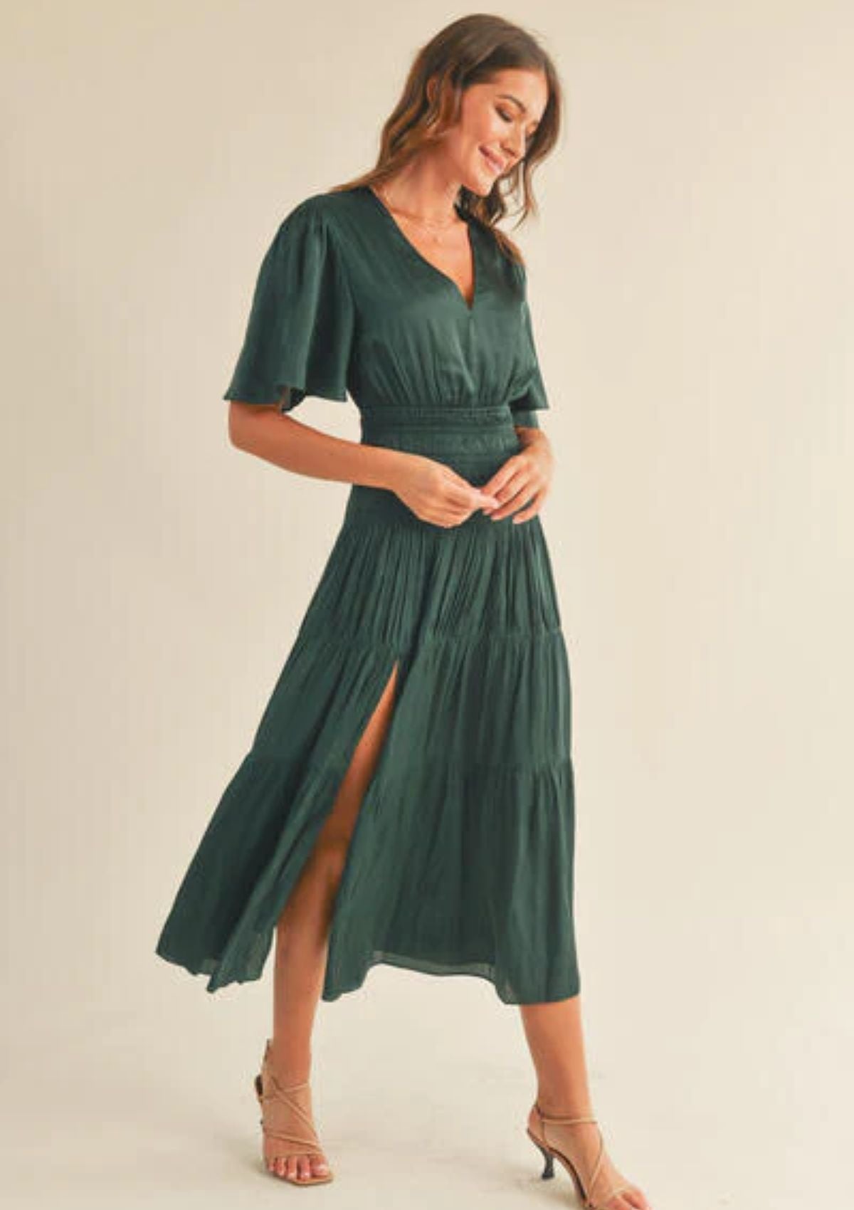 Samantha Satin Short Sleeve Smocked Waist Detail