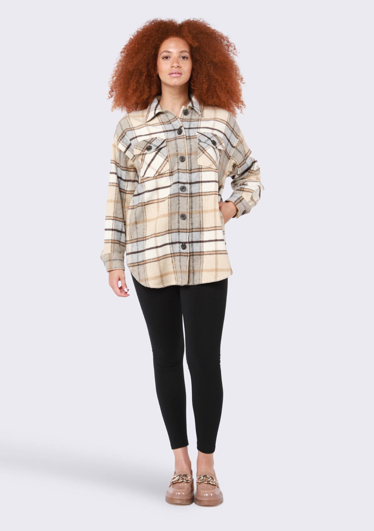 Vera Button Front Plaid Shacket, Caramel Plaid