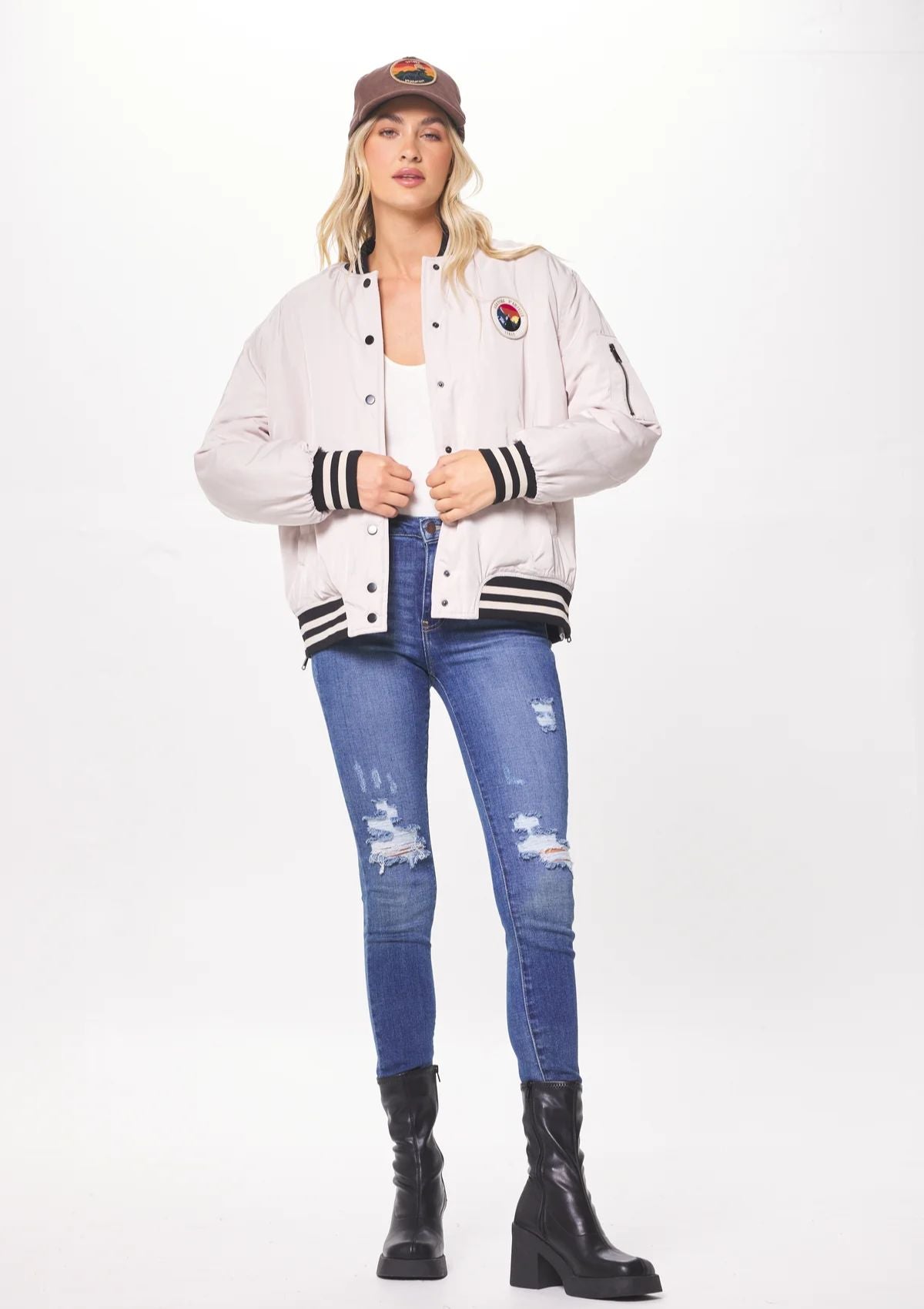 Collins Satin Bomber Jacket with Patch Detail