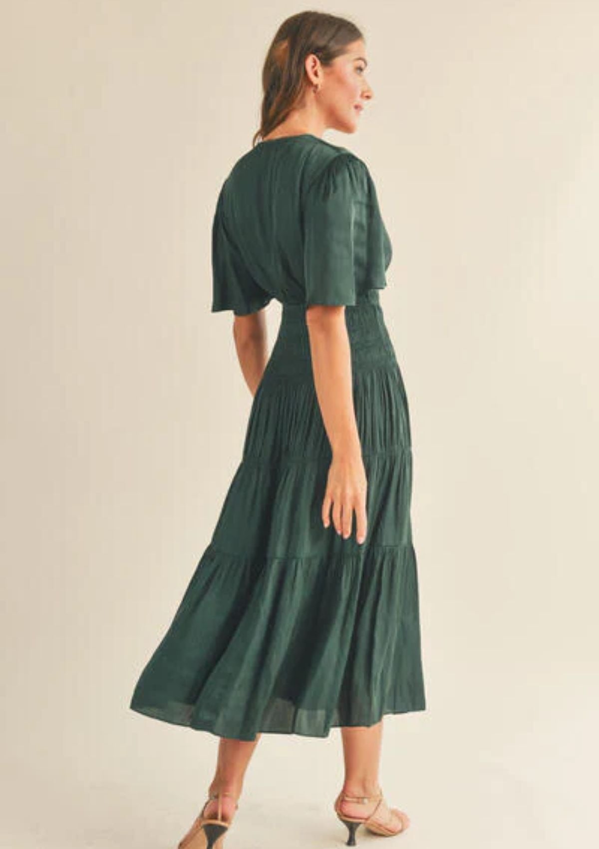 Samantha Satin Short Sleeve Smocked Waist Detail