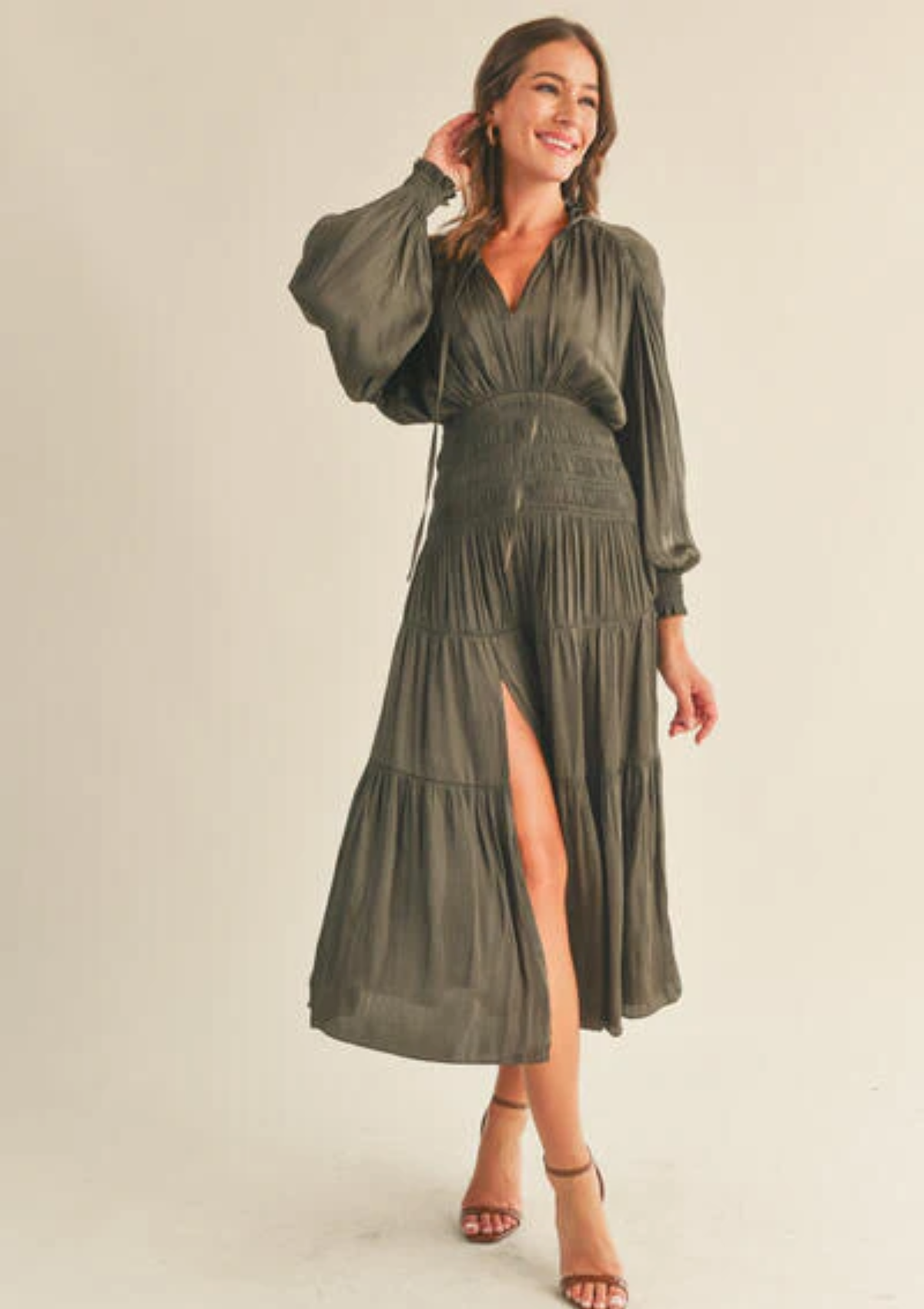 Claudia Maxi Satin Long Sleeve Smocked Waist Dress
