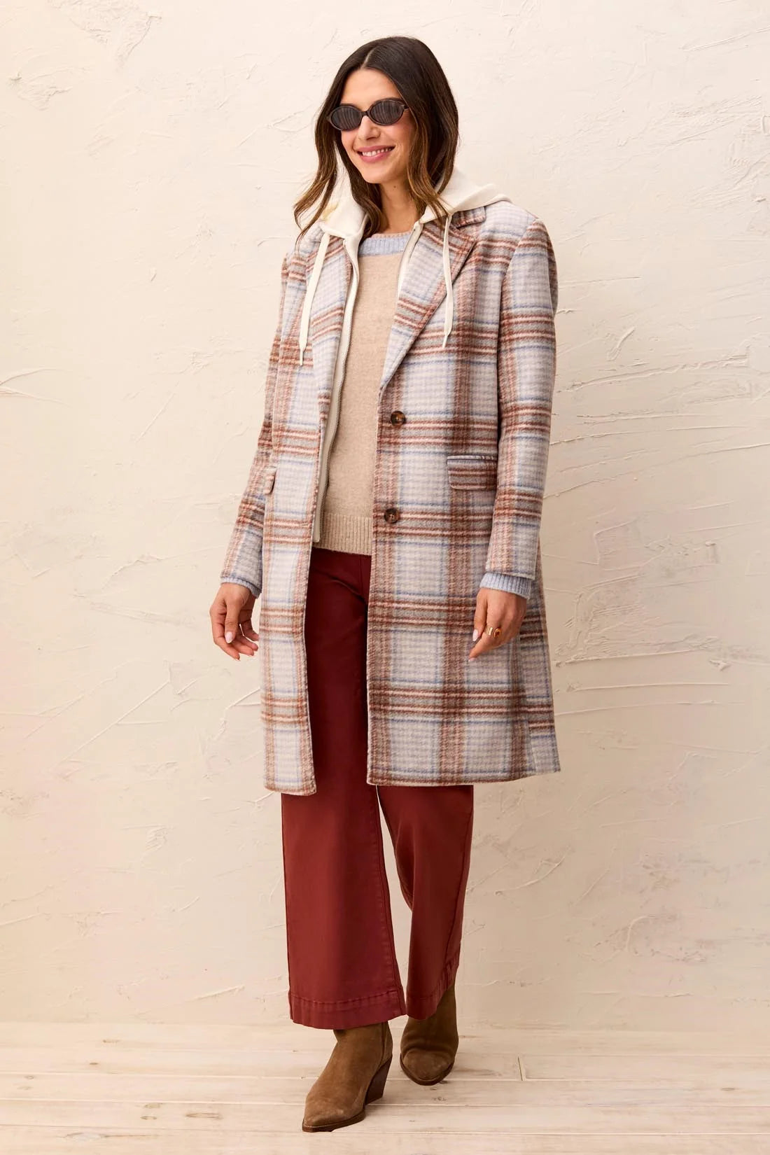 Car Coat with Removable Hood - Cream Plaid