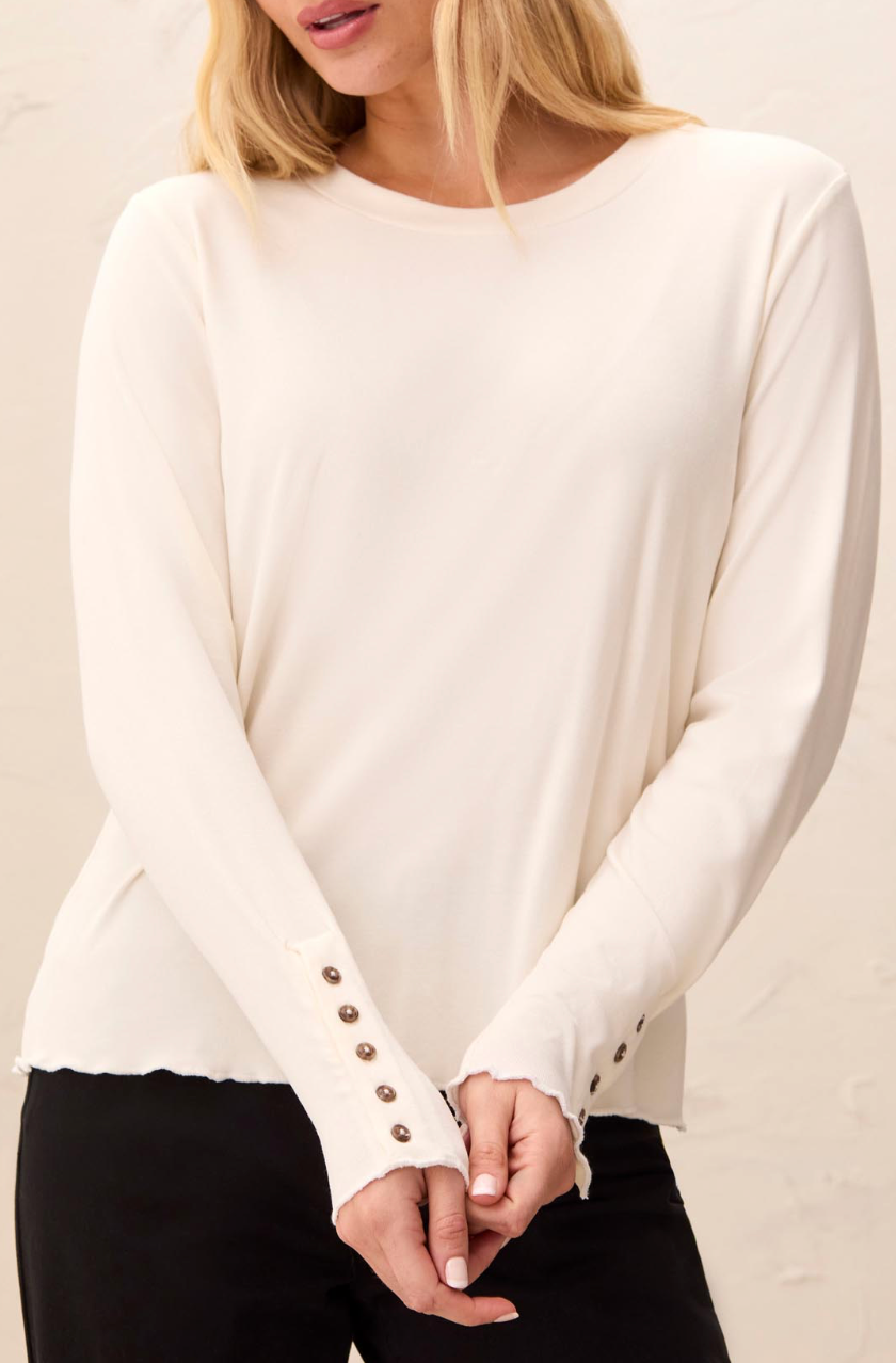 Long Sleeve Crew Neck Top with Button Detail - Moonstone