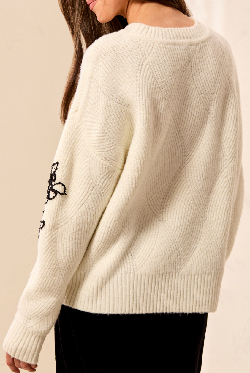 Long Sleeve Crew Neck Sweater with Embroidery - Cream with Black