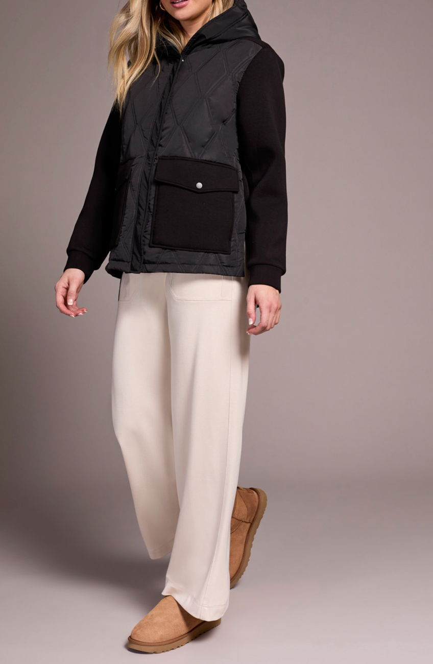 Quilted Front Combo Knit Jacket with Hood and Pockets