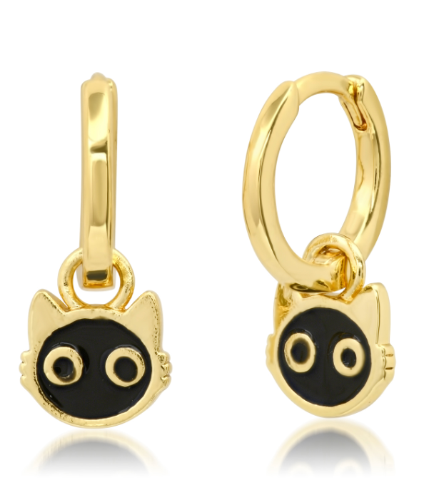 Simple Gold Huggie with Enamel Cat Charm