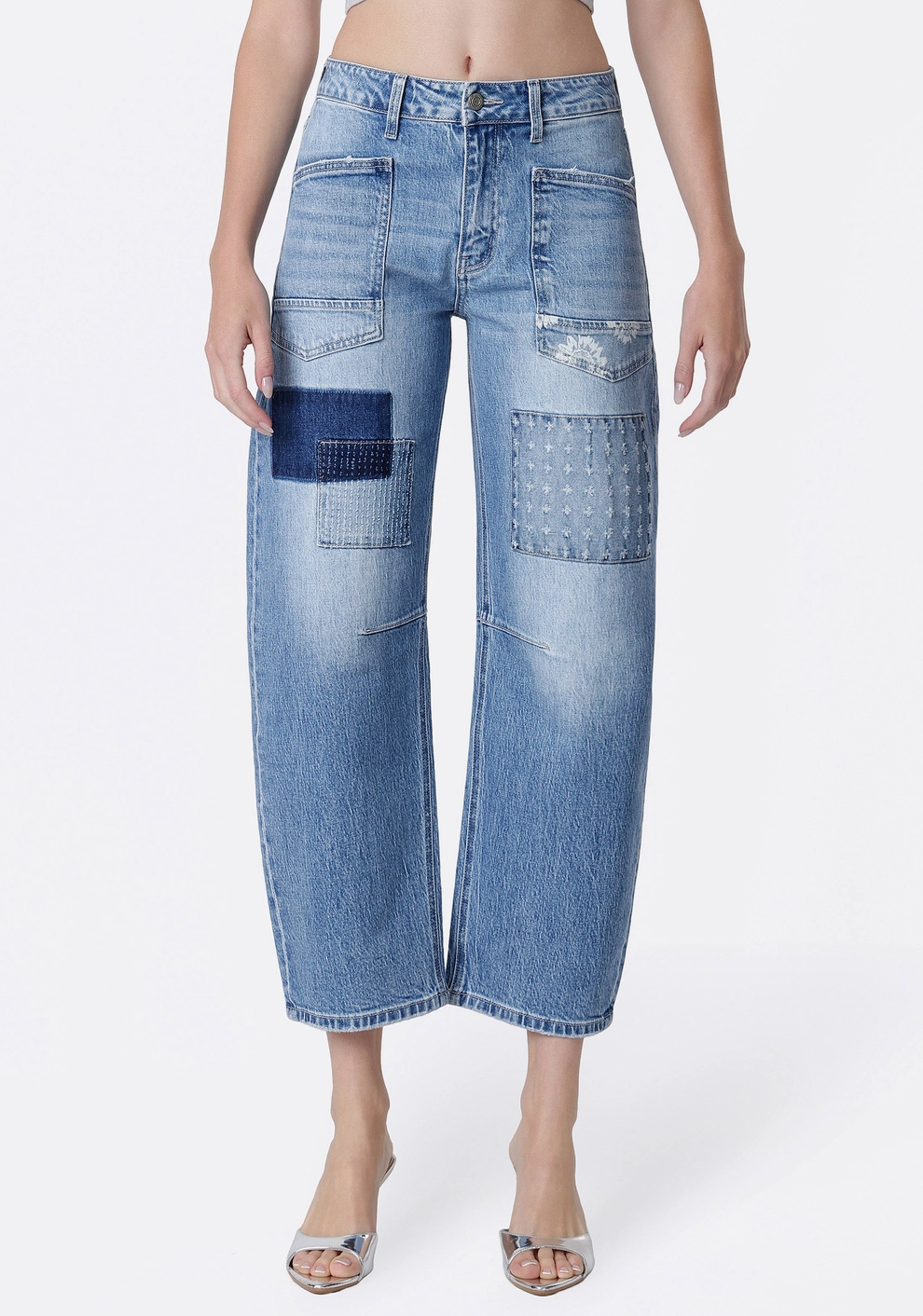 High Rise Patchwork Barrel Jeans
