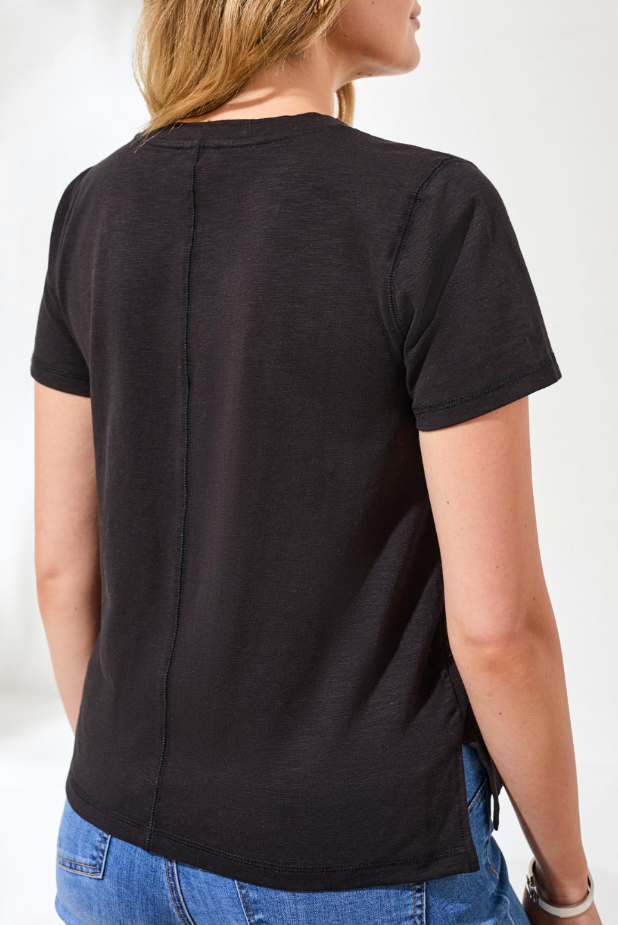 Short Sleeve V-Neck Top with Rib Combo