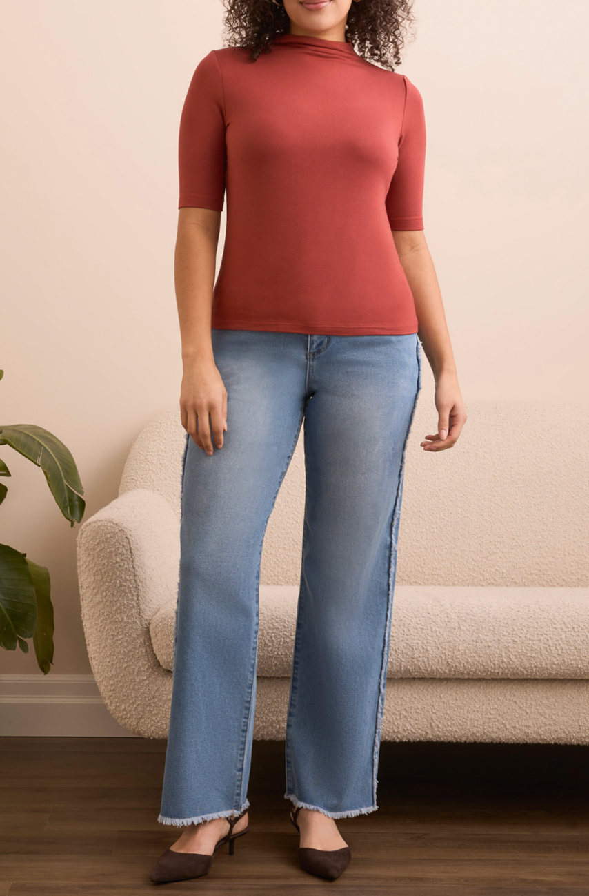Funnel Neck, Elbow Sleeve Knit Top