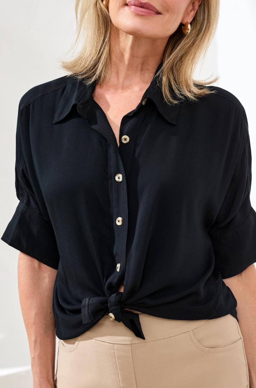 Elbow Sleeve Button Front Blouse - Black