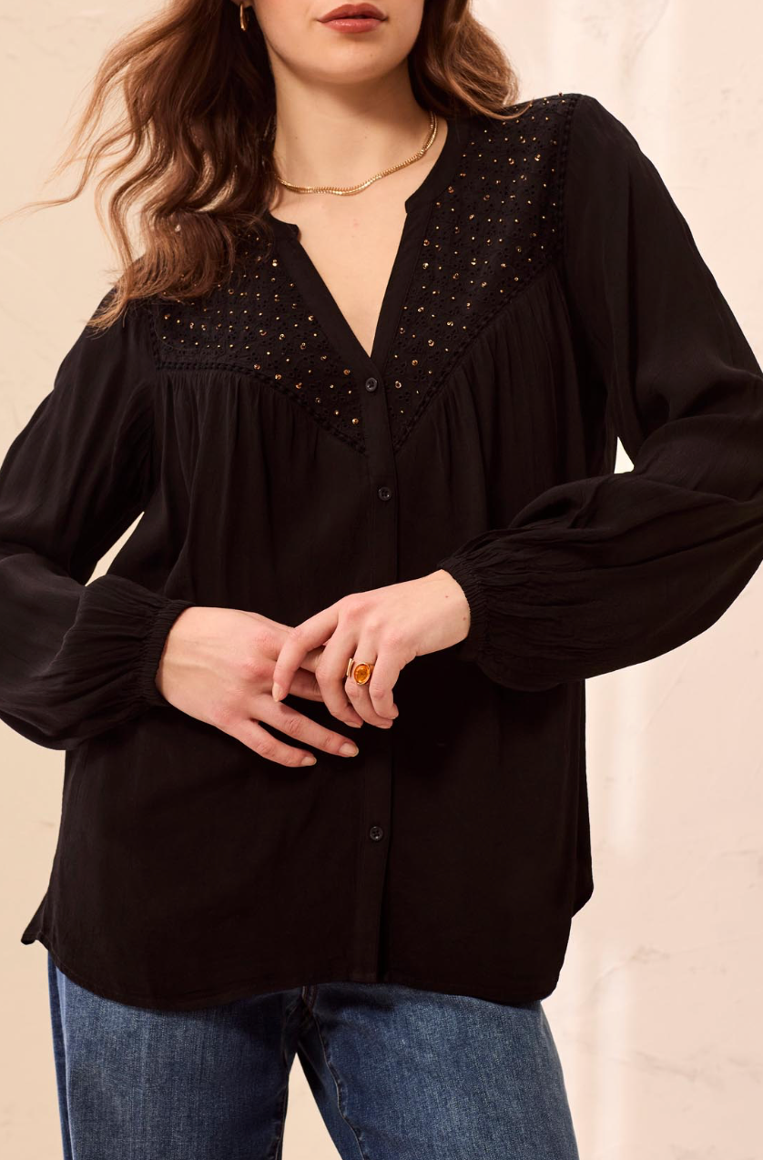 Blouse with Embroidered Yoke and Beads