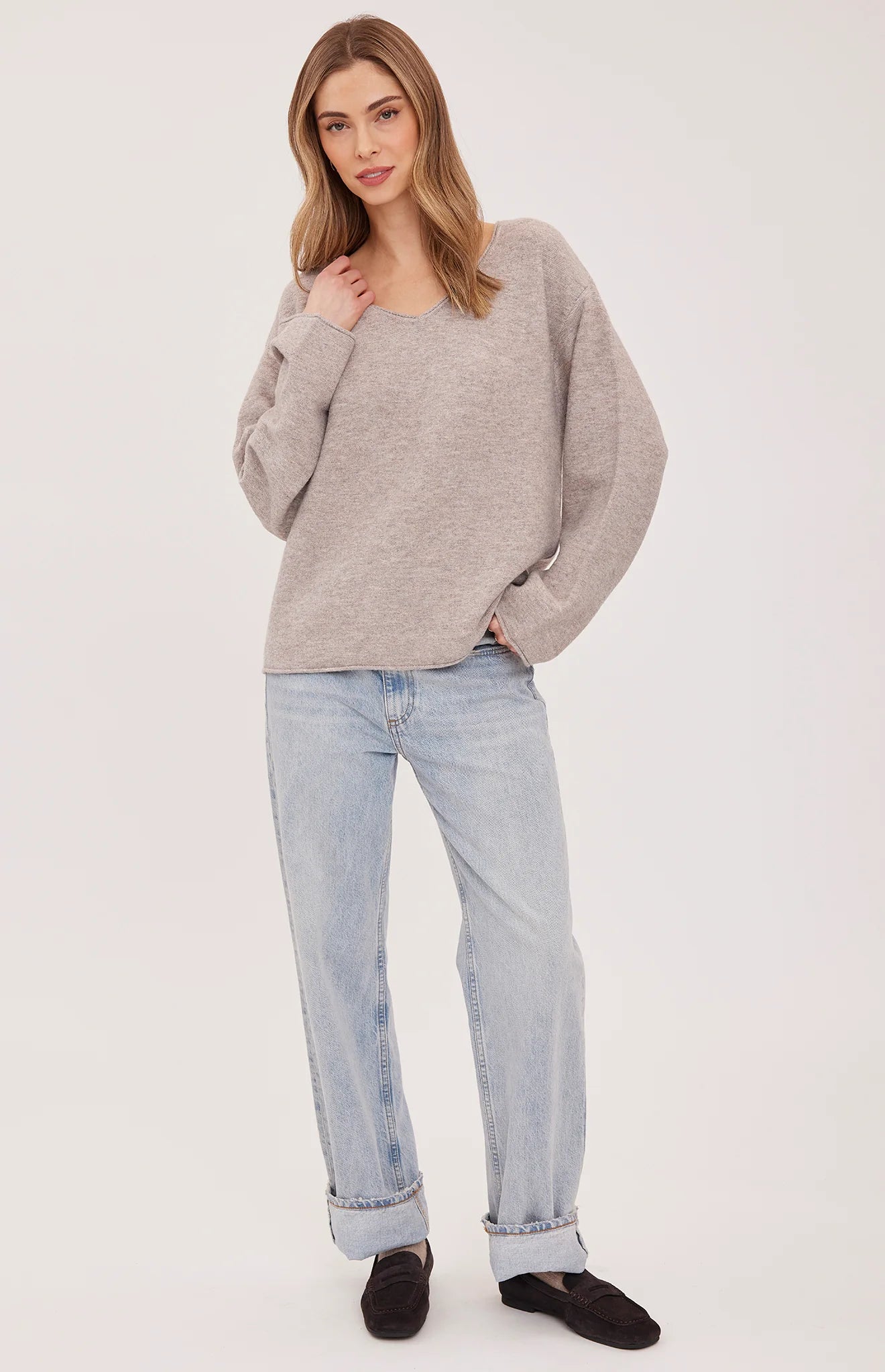 Annalise V-Neck Sweater, Heather Latte